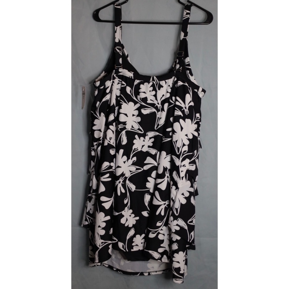 Tiered-Ruffle Black and White Floral Printed One Piece Swimsuit